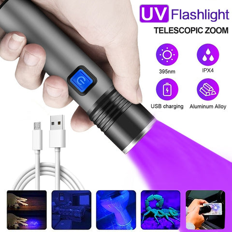 Rechargeable LED UV Flashlight Ultraviolet Torch Zoomable Mini 395nm UV Black Light Pet Urine Stains Detector Scorpion Hunting